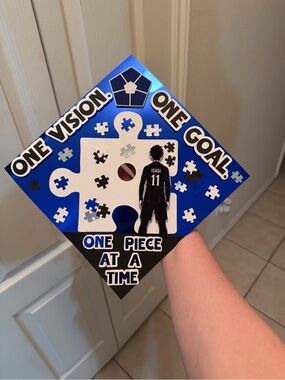 Custom Graduation Cap Top - Blue Puzzle Theme 'One Vision One Goal'
